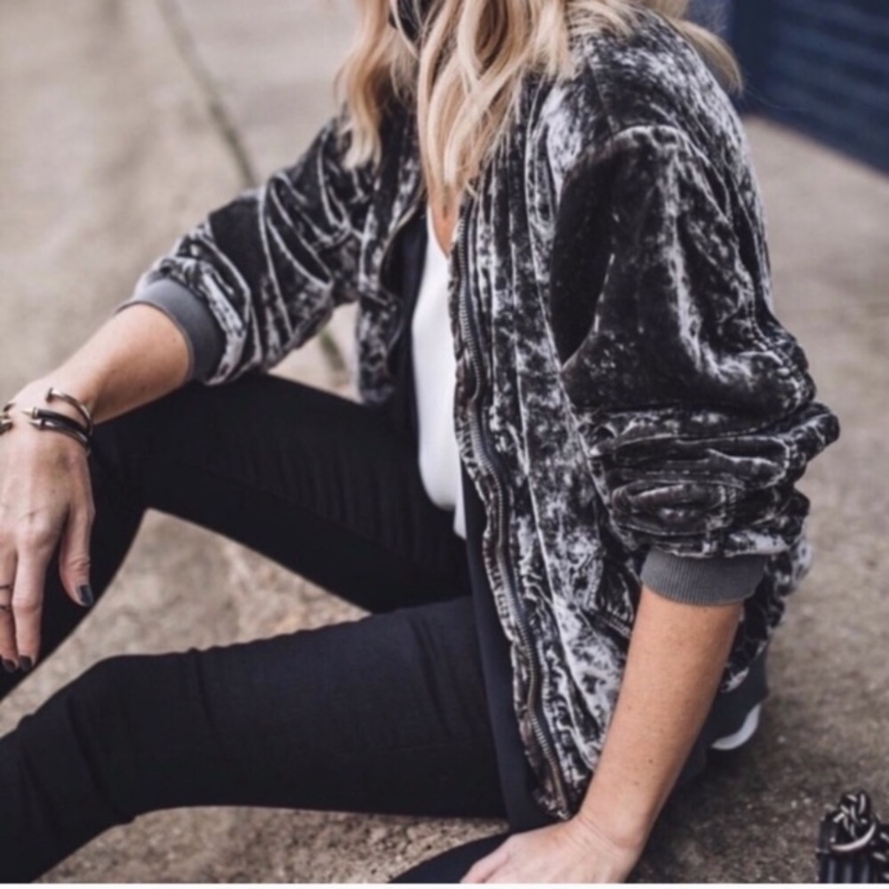 Free People Ruched Velvet Bomber Gray Jacket Large